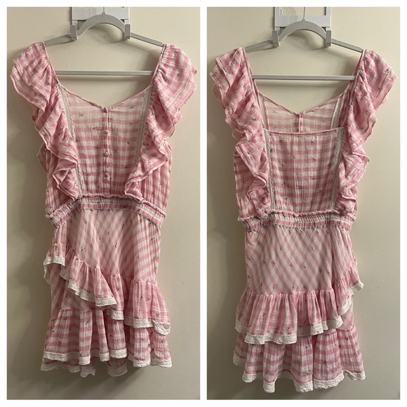 LoveShackFancy Leon Pink Pop Rock Floral Gingham Mini Dress Medium - Picture 3 of 15